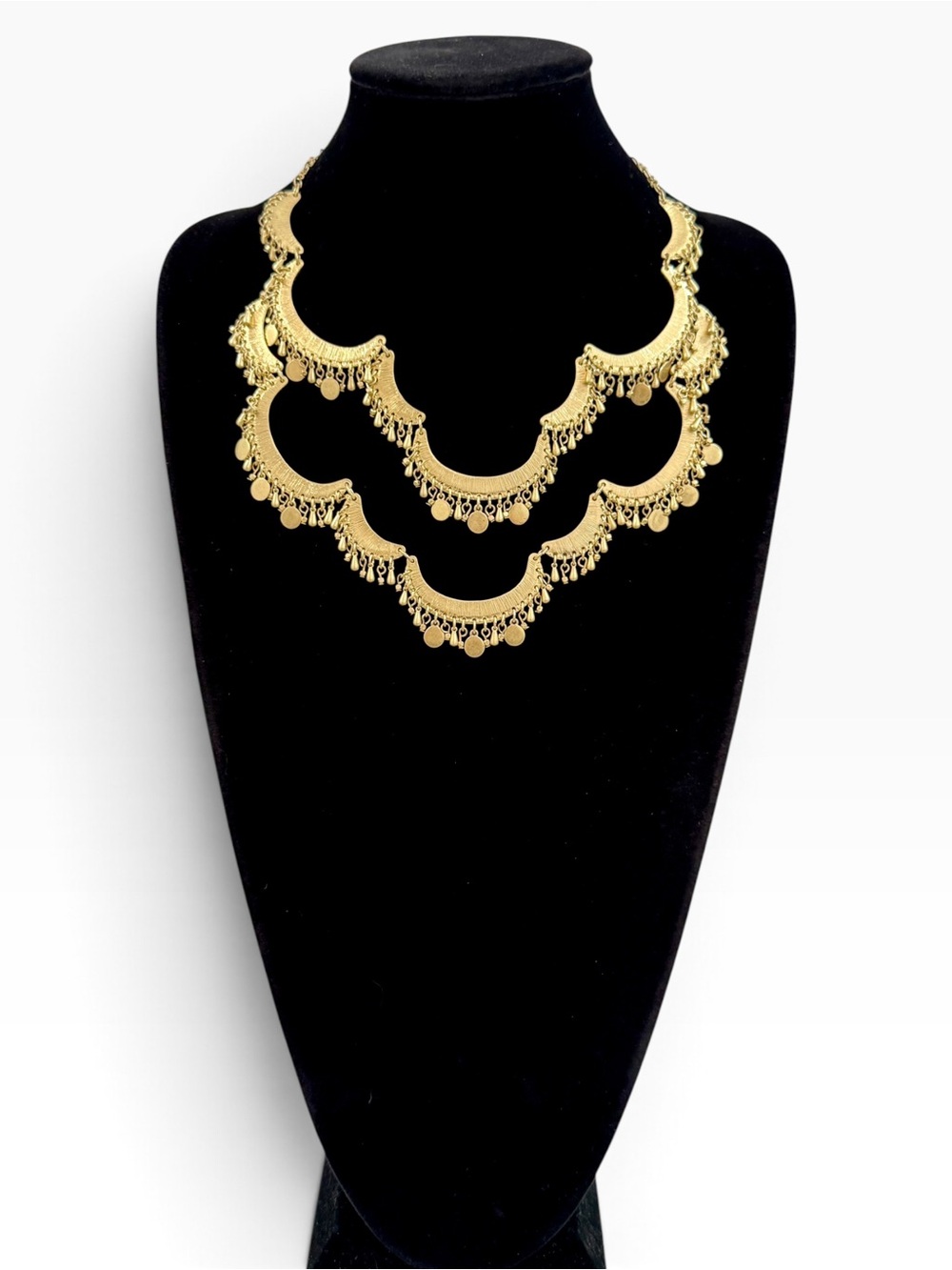 CHICO’S Gold Scalloped Coin Fringe Layered Statement Necklace New